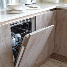 Rustic wood fitted kitchen units, hidden dishwasher