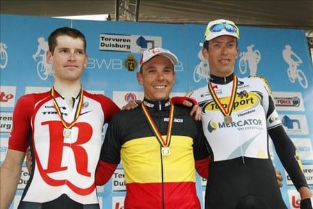 Belgium's elite men's time trial championship podium (l-r): Ben Hermans (RadioShack), 2nd; Philippe Gilbert (Omega Pharma-Lotto), 1st; Dominique Cornu (Topsport Vlaanderen - Mercator), 3rd