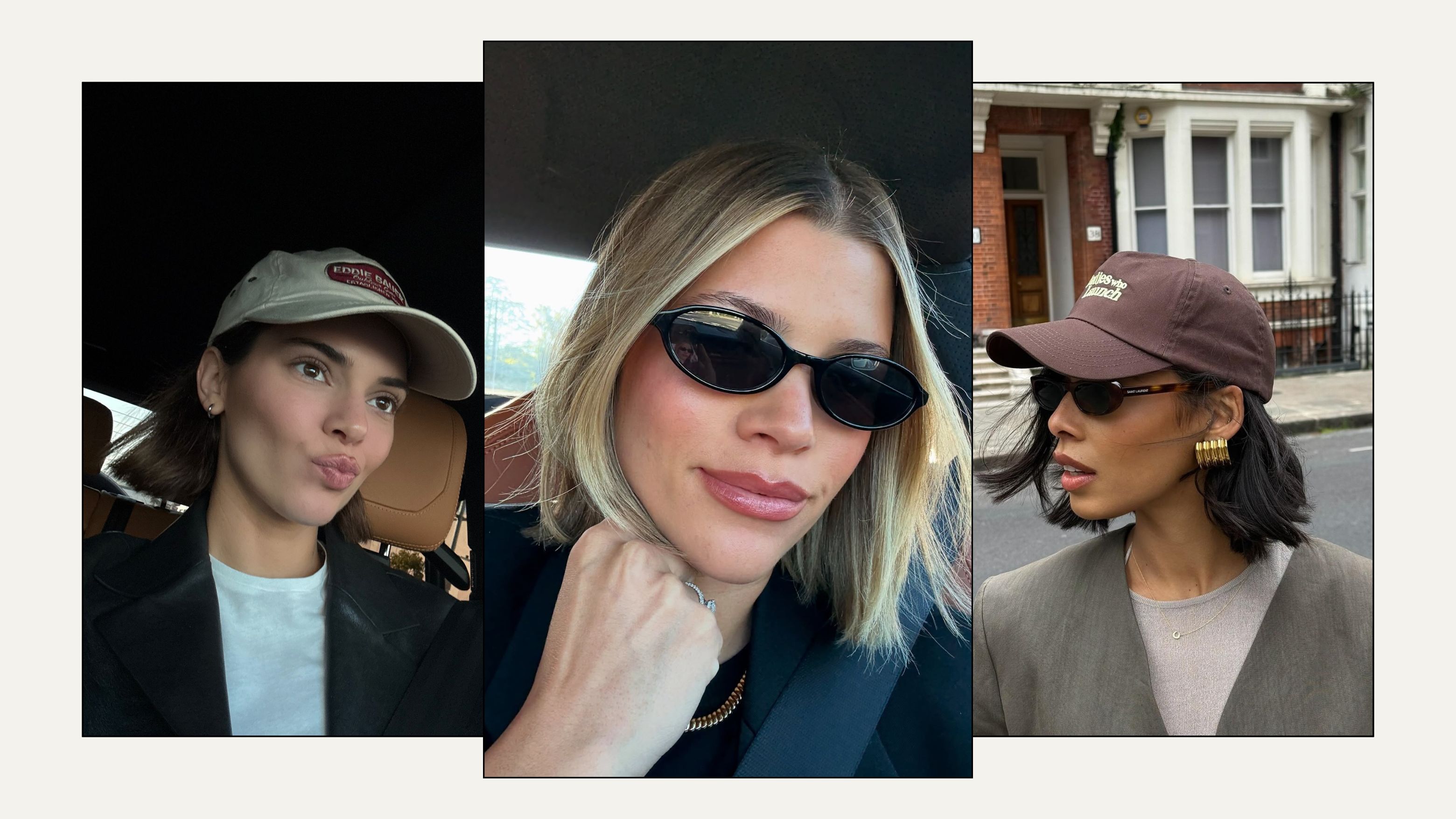 A collage with Kendall Jenner, Sofia Grainge and Rochelle Humes wearing short, blunt bob haircuts