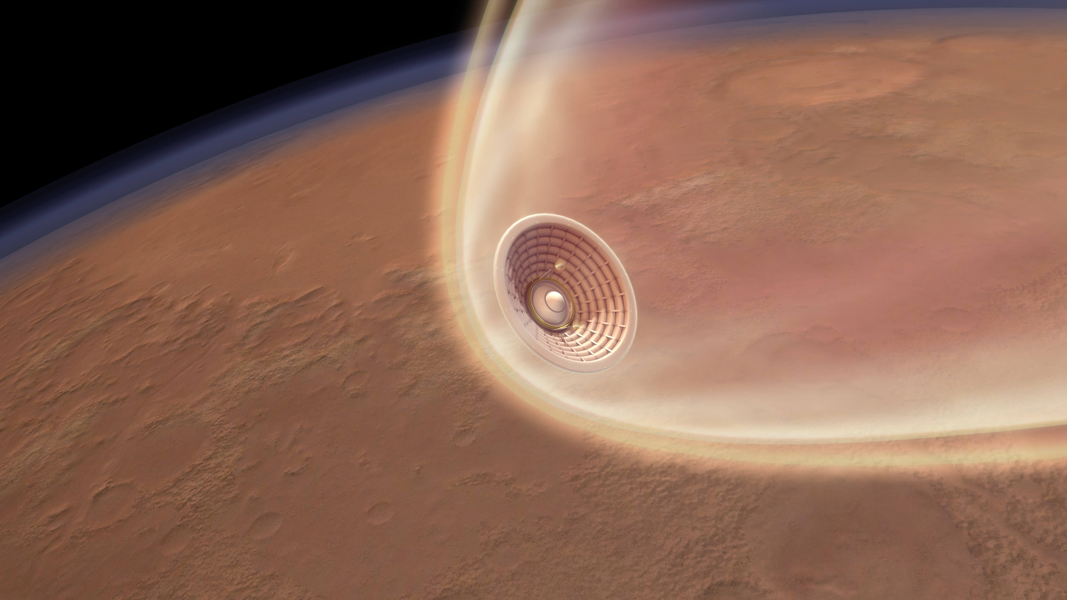 Vue d'artiste d'un décélérateur aérodynamique gonflable hypersonique (HIAD) alors qu'il traverse l'atmosphère de Mars.