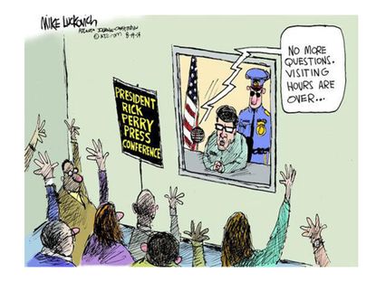 Political cartoon U.S. Rick Perry charges