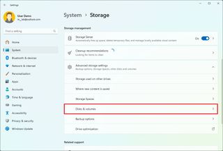 Storage settings open Disks & volumes