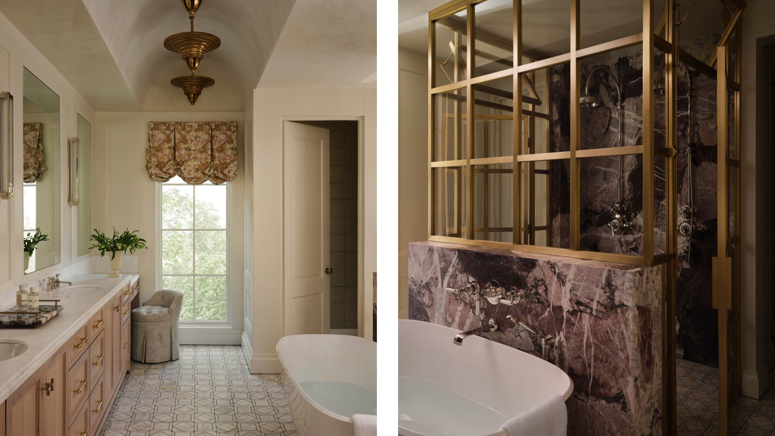 two side by side images of a romantic and dramatic primary bathroom with vaulted curved ceiling, brass and red marble shower, freestanding tub and tiled floor
