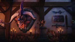 Onyxia head trophy on wall in World of Warcraft. 