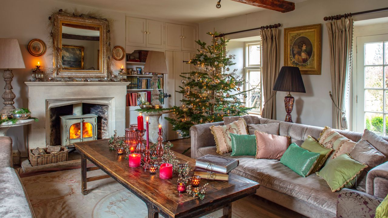 living room of a farmhouse decorated for Christmas