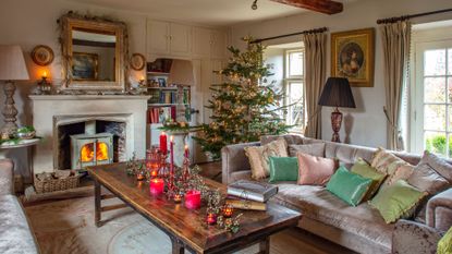 living room of a farmhouse decorated for Christmas