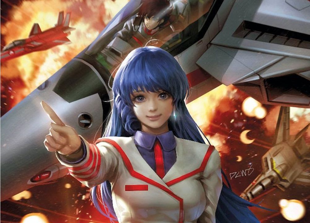 Scene from the upcoming comic series &quot;Robotech: Rick Hunter,&quot; showing a blue-haired woman standing in front of fighter jets with explosions in the background.