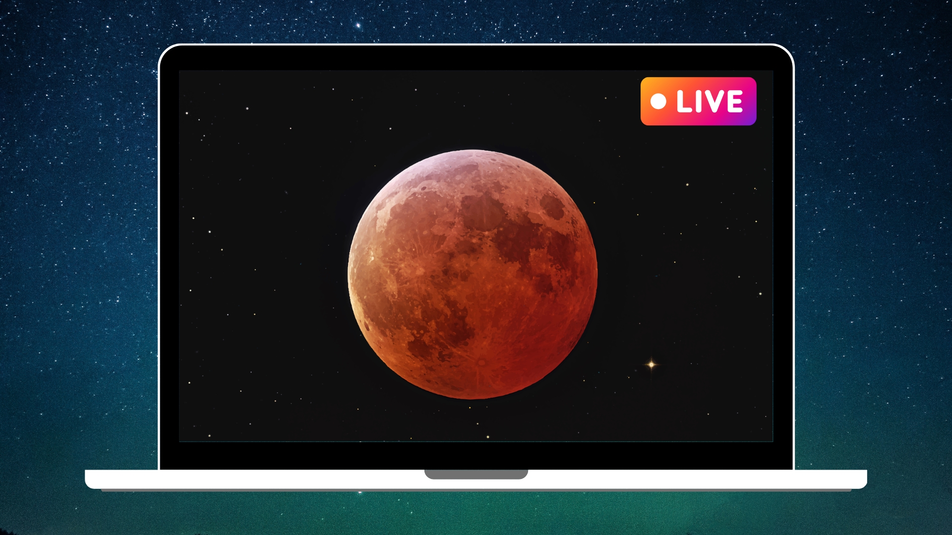 graphic showing a blood moon during a total lunar eclipse in the center of a laptop screen with a pink and yellow "live" sign in the top right corner.