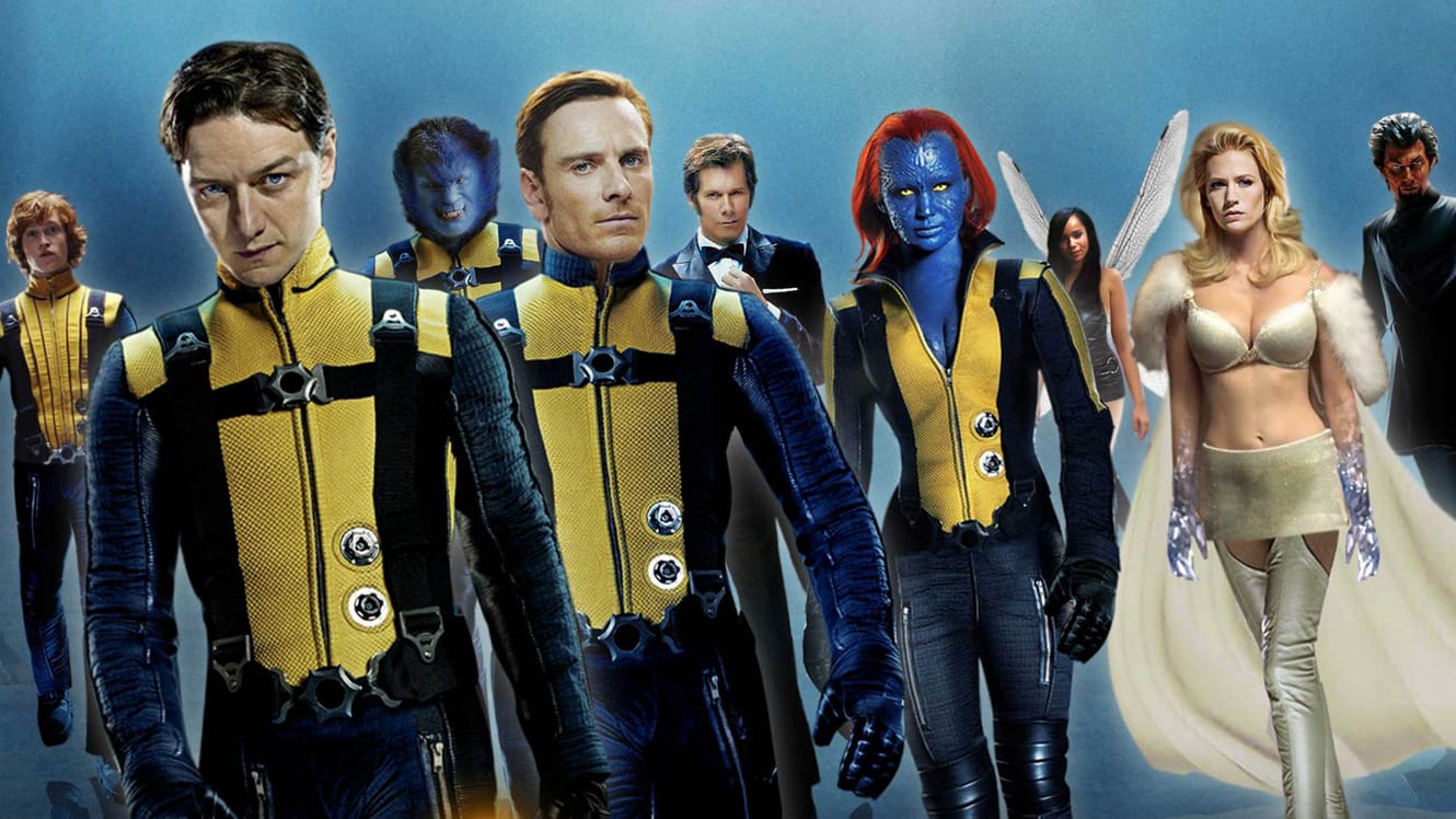 The cast of X-Men: First Class pictured in black and yellow costumes.
