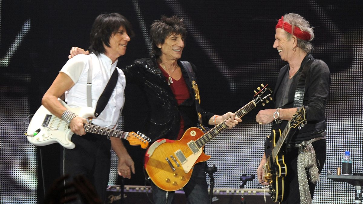 Jeff Beck (left) onstage with Ronnie Wood and Keith Richards