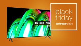 LG A2 OLED TV on orange background, with sign saying Black Friday