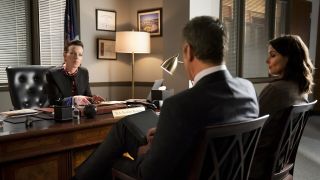 Debi Mazar talking with Peter Hermann and Bridget Moynahan in the final season of Blue Bloods.