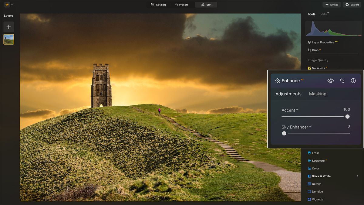 Luminar Neo screenshot showing historic building on hill with sunset sky