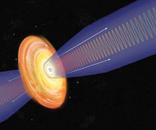 A new study looks at the powerful magnetic fields that swirl around a monster black hole at the center of the galaxy Cygnus A. This artist's illustration shows how the magnetic fields are produced by jets of material spewing outward, away from the black hole.
