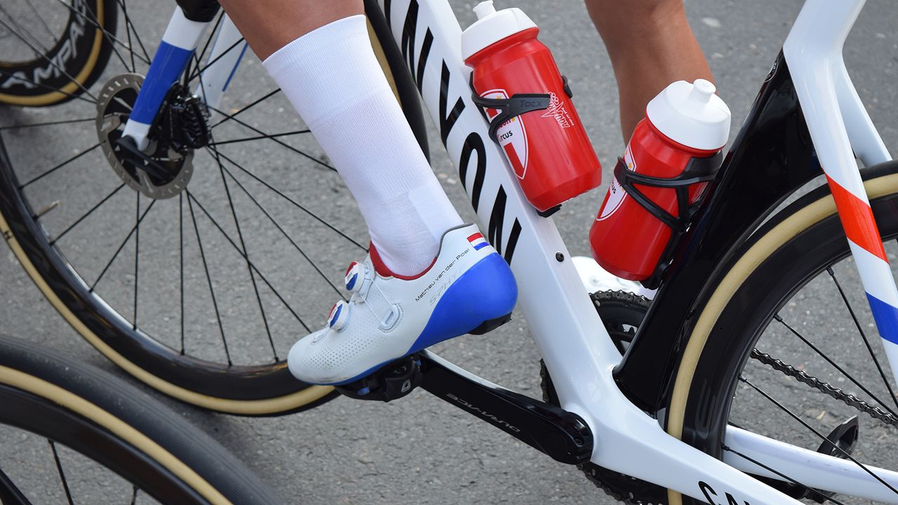Mathieu van der Poel celebrates his national road race title with custom Shimano S-Phyre shoes