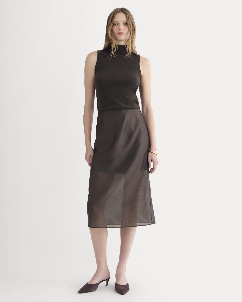 Midi Skirt in Cotton-Silk Organza | Dark Chocolate - 00