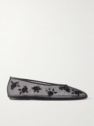 Leather-Trimmed Embroidered Mesh Ballet Flats