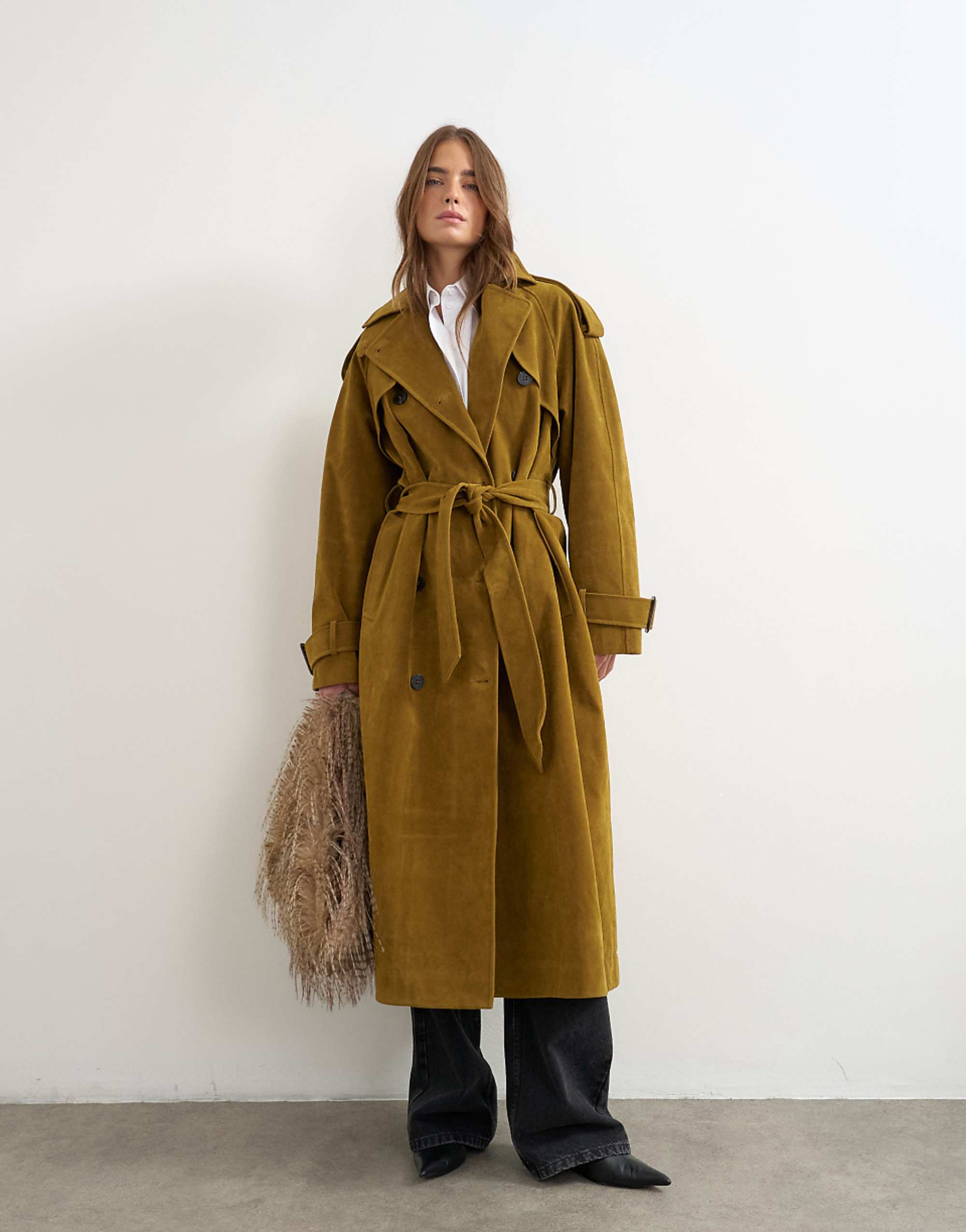 Topshop Faux Suede Trench in Mustard Olive