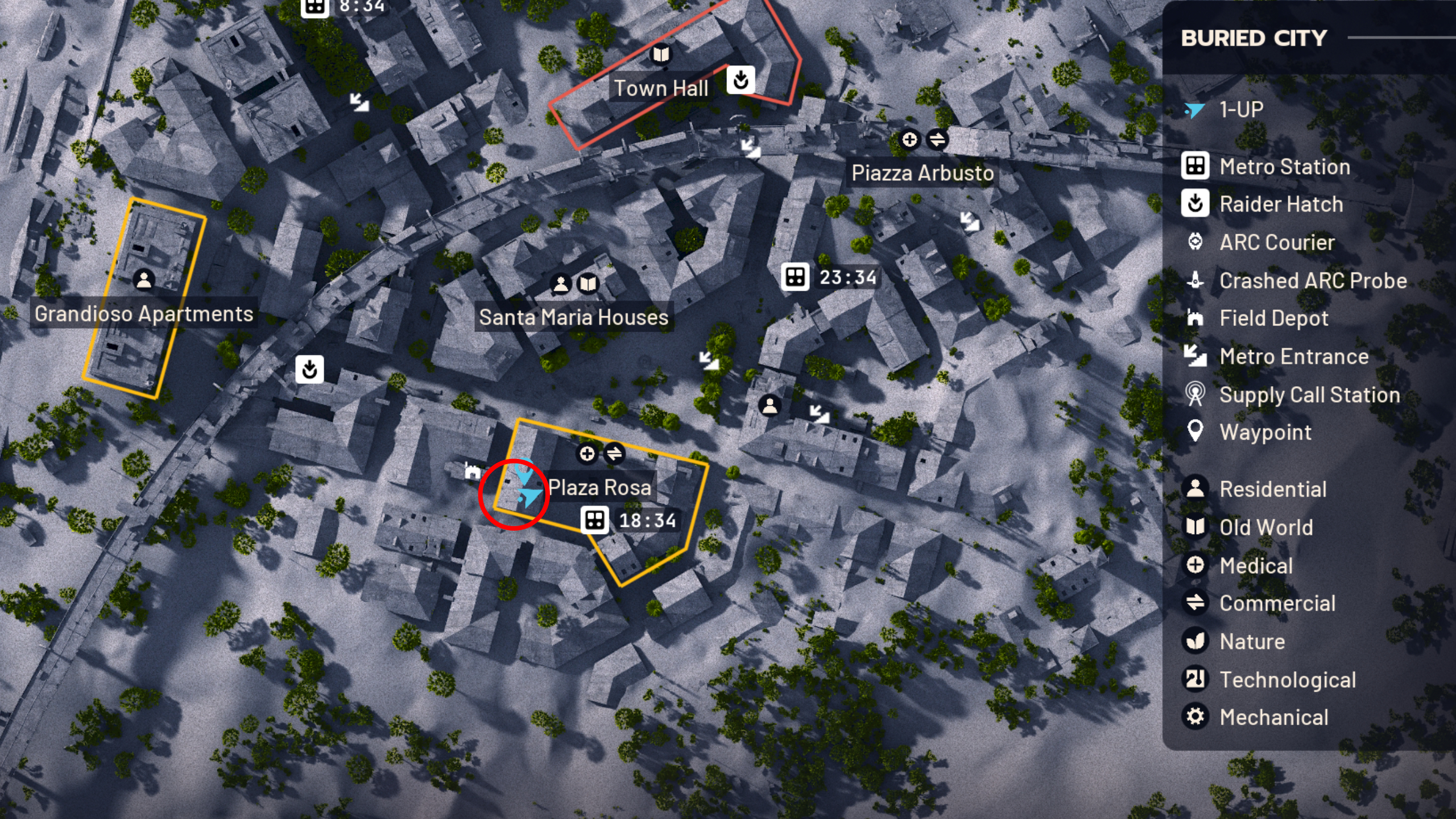 Arc Raiders Combat Recon: A map with a red circle highlighting the Plaza Rosa/Main Street area in the Buried City.