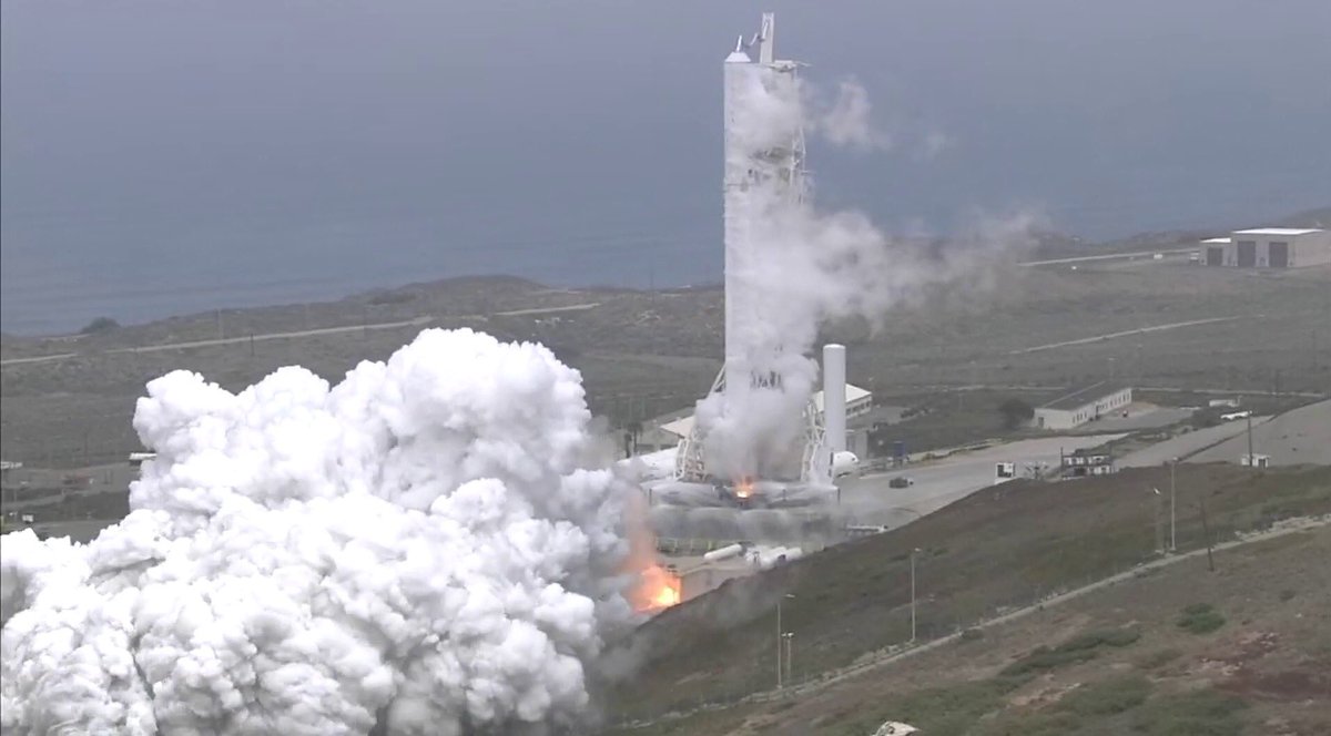 A snapshot of a static engine test fire of a Falcon 9 rocket on Aug. 19, 2017, ahead of the launch of the FORMOSAT-5 satellite.