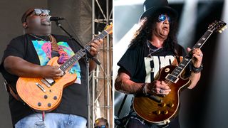 Christone “Kingfish” Ingram and Slash playing guitars onstage