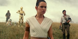 Rey, Poe, C-3PO, BB-8, D-O and Chewbacca in Star Wars: The Rise of Skywalker