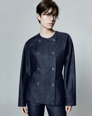 Model wearing denim Loro Piana Silk Denim jacket