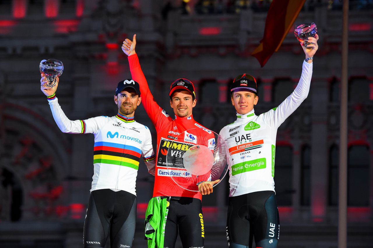 UAE Team Emirates&rsquo; Tadej Pogacar (right) takes third place at the 2019 Vuelta a Espa&ntilde;a behind Movistar&rsquo;s Alejandro Valverde and winner Primoz Roglic (Jumbo-Visma)