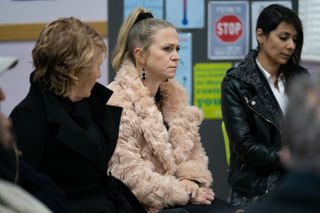 Linda Carter sits with Shirley Carter in EastEnders