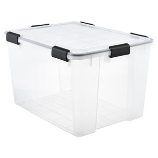 Clear plastic storage box with black latches