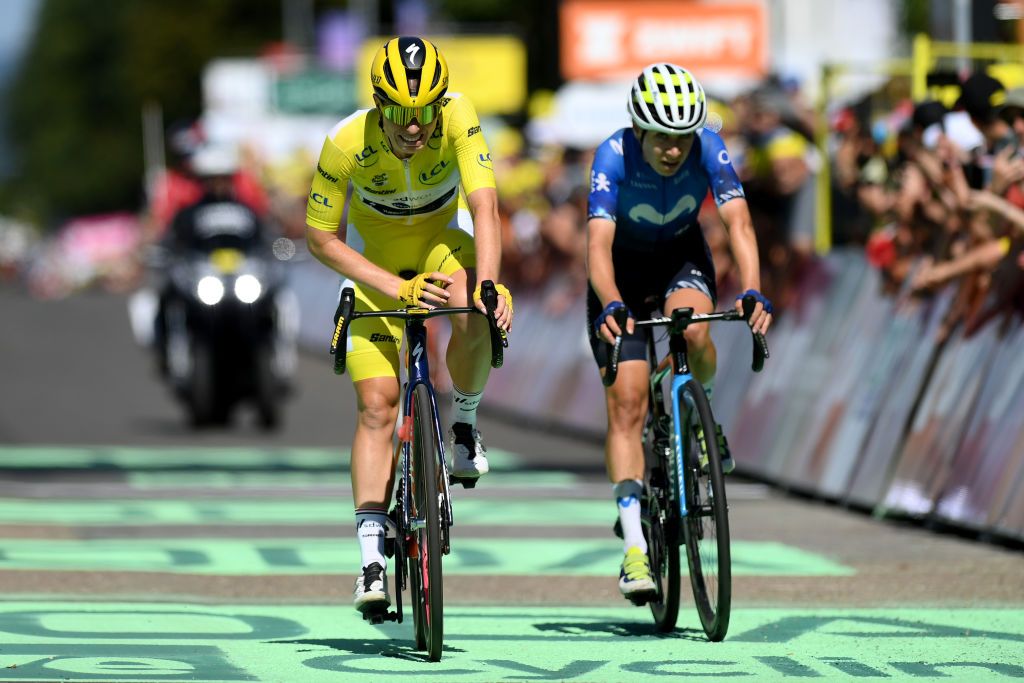 AMNEVILLE FRANCE AUGUST 15 LR Demi Vollering of The Netherlands and Team SD Worx Protime Yellow Lader Jersey and Mareille Meijering of The Netherlands and Movistar Team cross the finish line during the 3rd Tour de France Femmes 2024 Stage 5 a 1522km stage from Bastogne to Amneville UCIWWT on August 15 2024 in Amneville France Photo by Alex BroadwayGetty Images