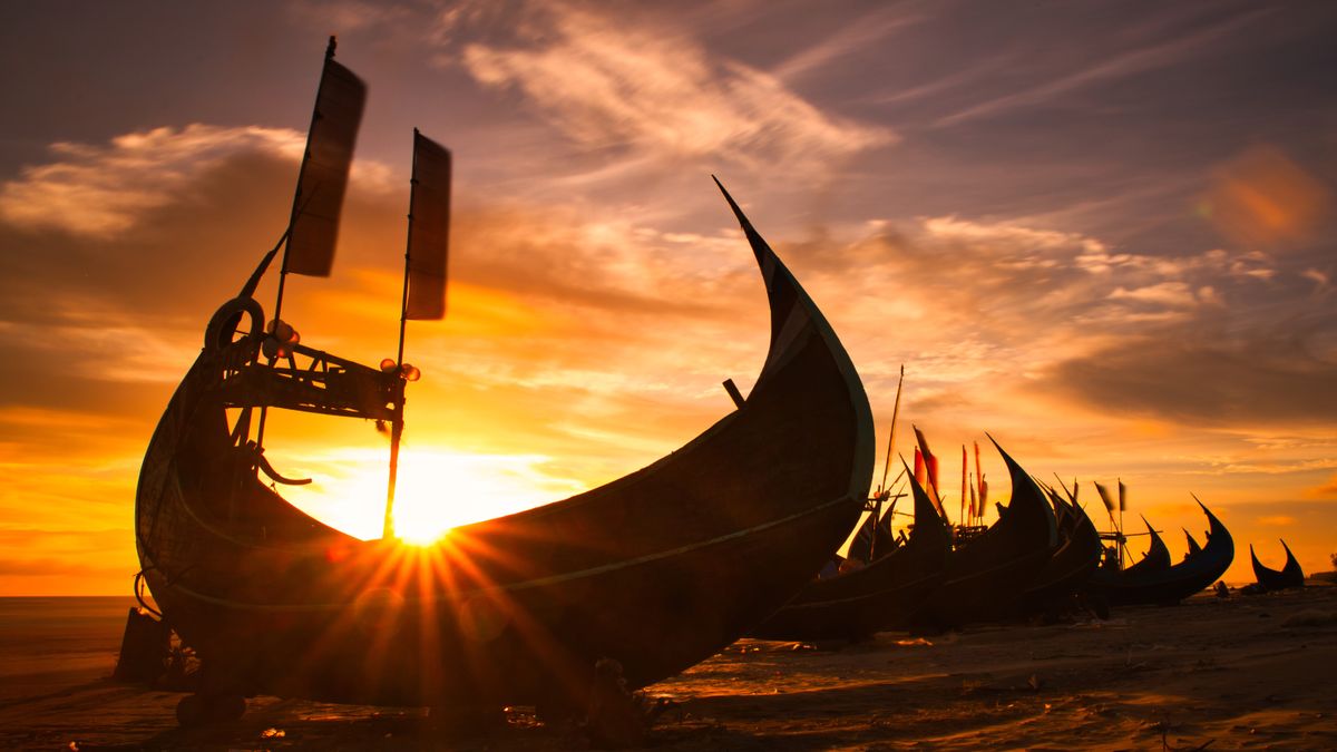 Viking ships moored on a beach. 