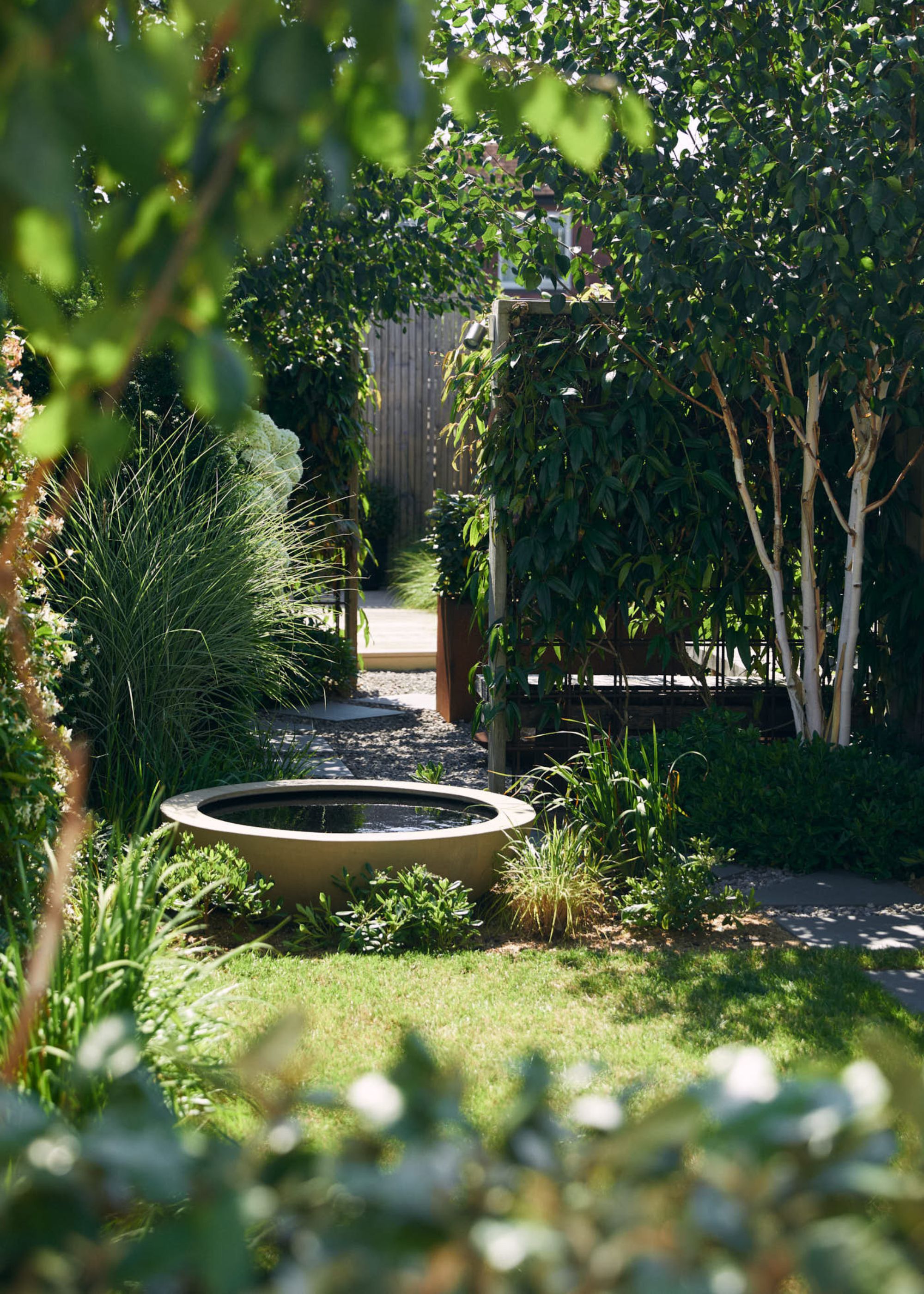A lush green garden with a small water feature in the middle. Surrounding it are lots of plants with bright green leaves and trees