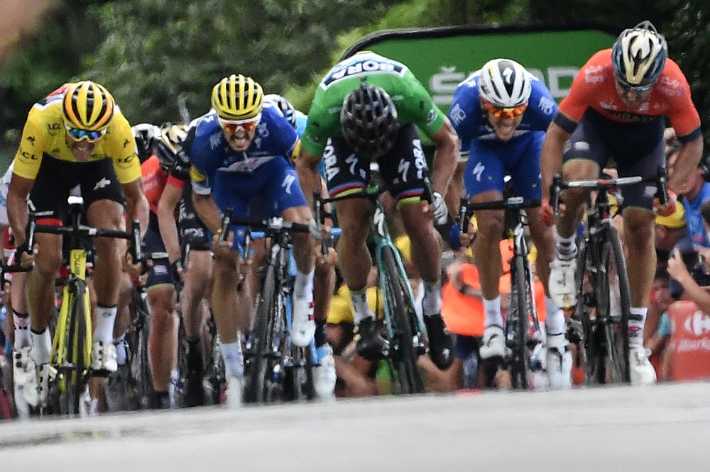 The bunch sprint at the end of stage 5 at the Tour de France won by Peter Sagan