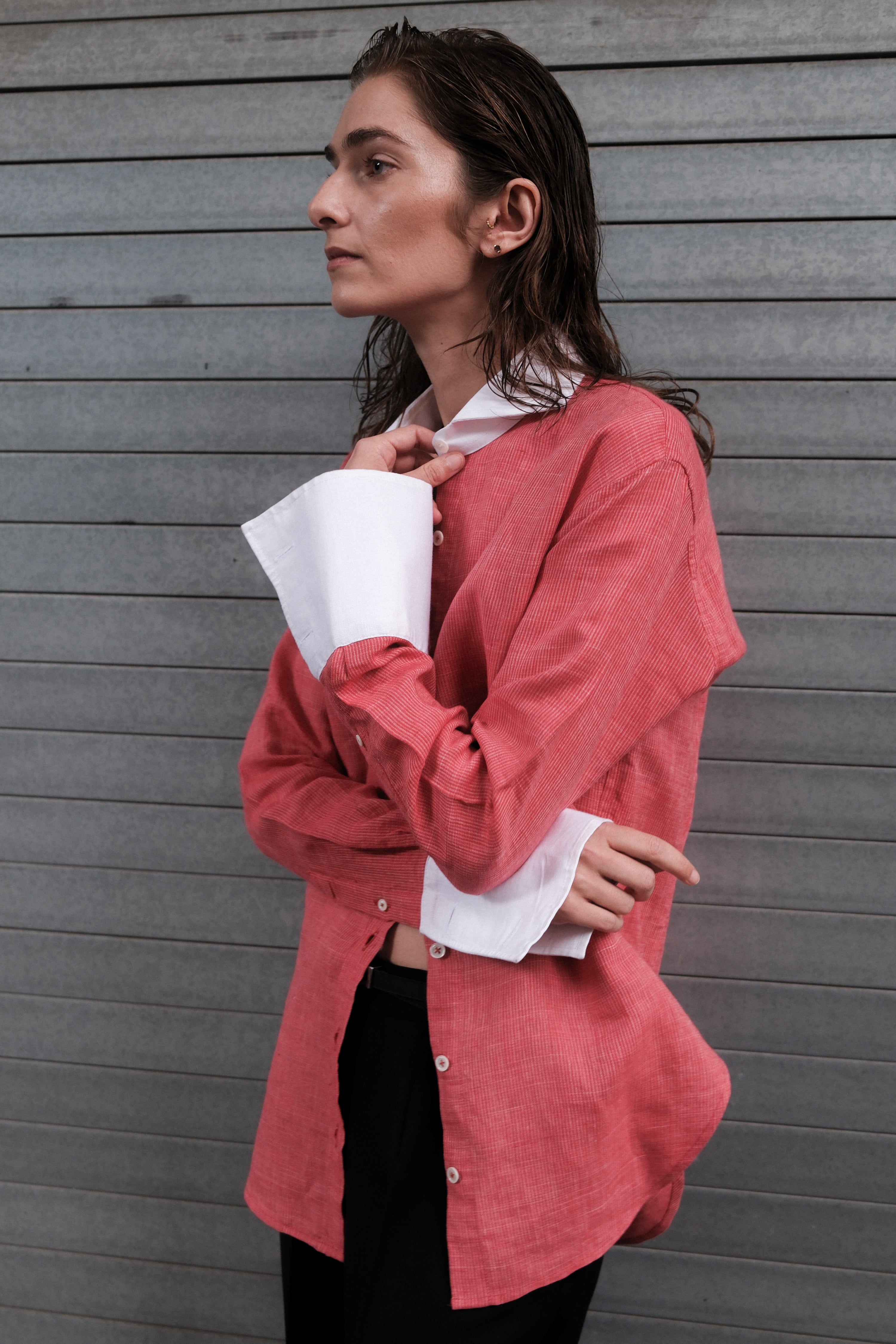 Elegant Linen Shirt in Red Stripe - Italian Linen (archival Fabric)