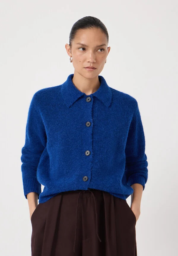 A woman wears a cobalt blue collared cardigan.