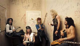 Guns N' Roses backstage at Fenders Ballroom on March 31, 1986 in Long Beach, California