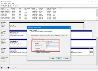 Disk Management drive format settings