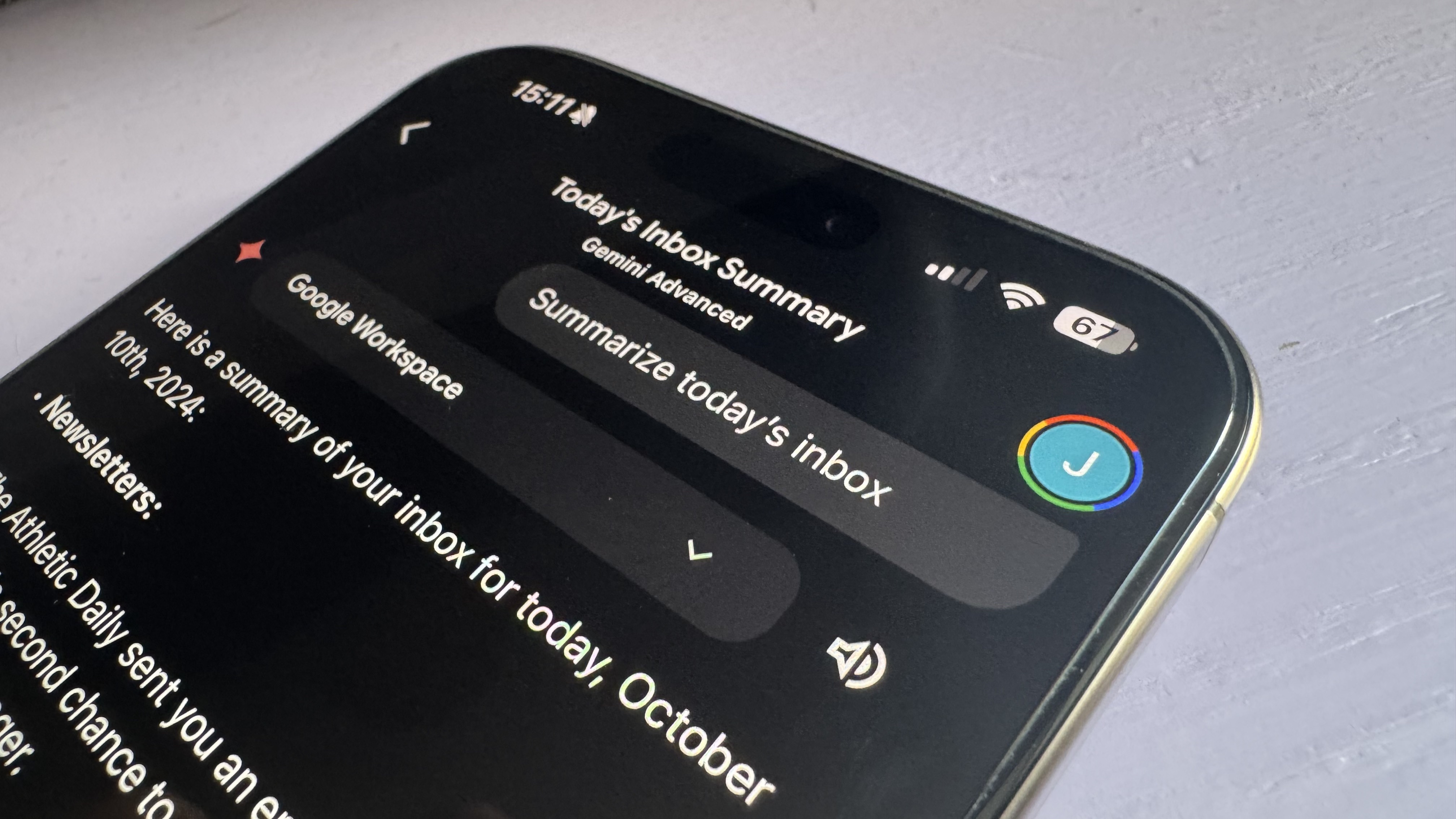 Google Gemini summary tool gmail on iPhone 16 Pro Max