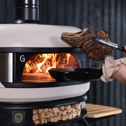 They Gozney Dome outdoor oven on a stand on a garden patio