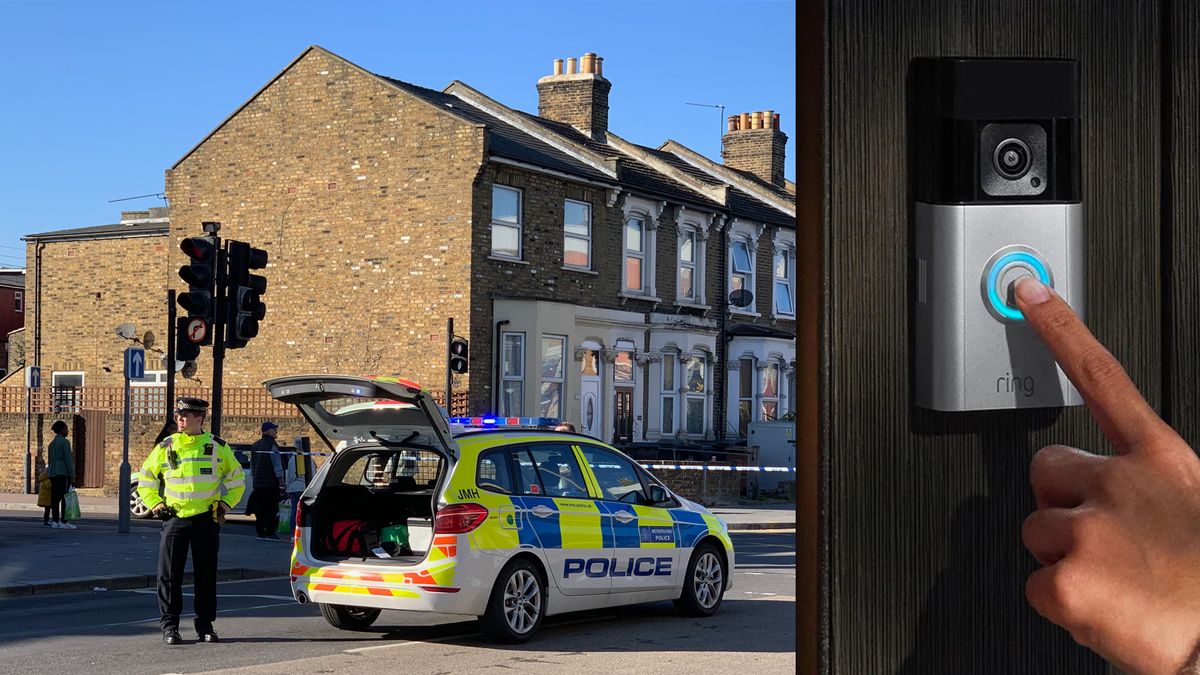 A policeman and his car and a Ring doorbell