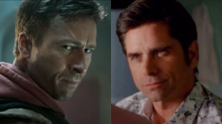 From left to right: Glen Powell in The Running Man and John Stamos in Scream Queens. 