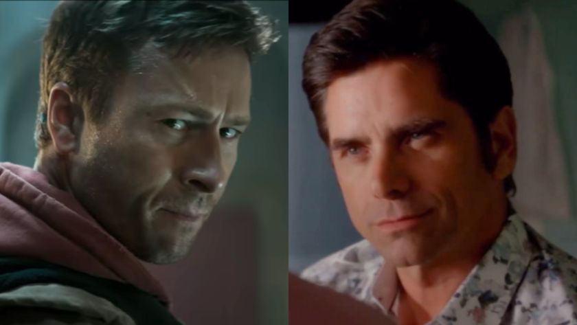 From left to right: Glen Powell in The Running Man and John Stamos in Scream Queens. 