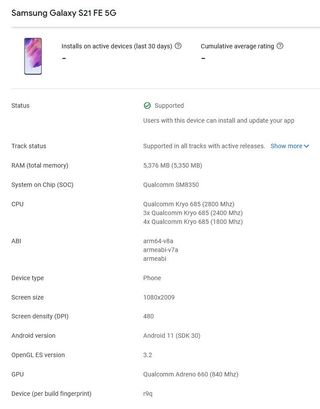 Samsung Galaxy S21 Fe Google Play Console