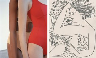 Two images- Left Two Model torsos in red and beige swimsuits, Right- limited edition prints of a person