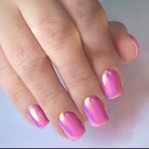 Eternalclassic Pink Chrome Press on Nails Short Square Mirror Metallic Press on Nails Chrome Fake Nails, Chrome Nails Press on 24pcs Glue on Nails Glossy Stick on Nails for Women