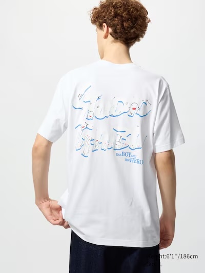 The Boy and The Heron t-shirt, back print in white and blue