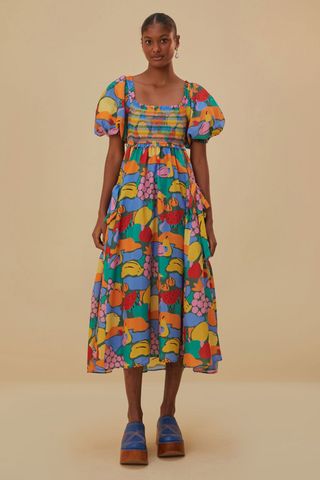 Farm Rio Multicolour Fruit Landscape Short Sleeve Midi Dress