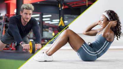 Ab rollers vs crunches: man using an ab roller and woman doing a crunch