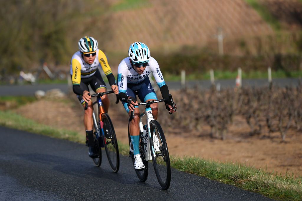 MONT BROUILLY FRANCE MARCH 06 LR Luke Plapp of Australia and Team Jayco AlUla and Santiago Buitrago of Colombia and Team Bahrain Victorious compete in the breakaway during the 82nd Paris Nice 2024 Stage 4 a 183km stage from ChalonsurSane to Mont Brouilly 476m UCIWT on March 06 2024 in Mont Brouilly France Photo by Alex BroadwayGetty Images